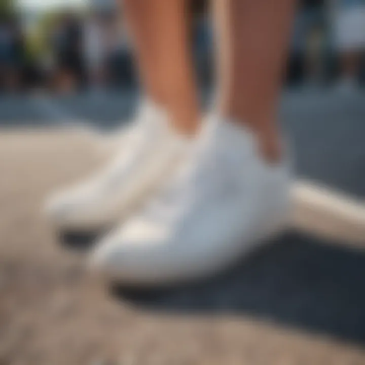 Thick white tennis shoes worn at a trendy outdoor event