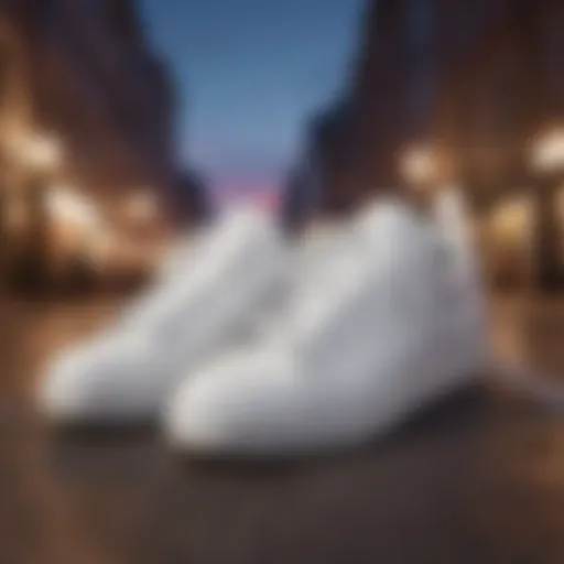 A stylish pair of thick white tennis shoes on a vibrant urban background