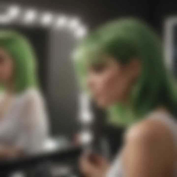 A serene setting with a person applying hair treatment in a mirror