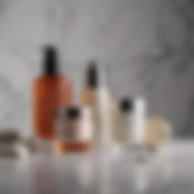 An assortment of luxury skincare products on a marble countertop