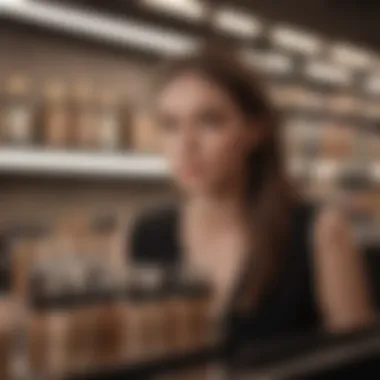 A person examining foundation products in a beauty store.