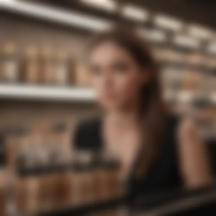 A person examining foundation products in a beauty store.