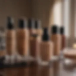 A diverse array of foundation products on a vanity table.