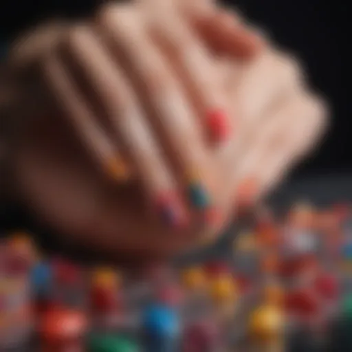 Close-up of vibrant hot gel nails showcasing intricate designs and colors