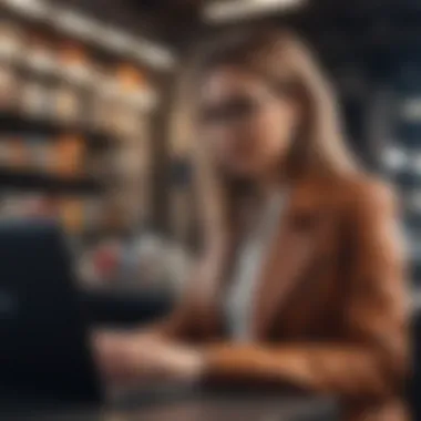 A stylish woman browsing a fashion website on a laptop