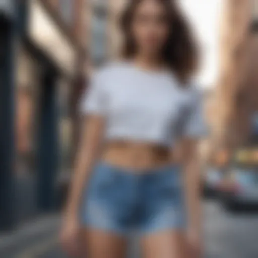 Stylish relaxed fit denim shorts worn in an urban setting