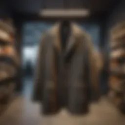 A stylish shacket displayed on a hanger in a boutique setting, showcasing its design and textures.