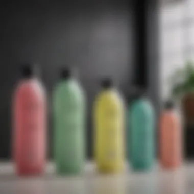 Display of various clarifying shampoo bottles