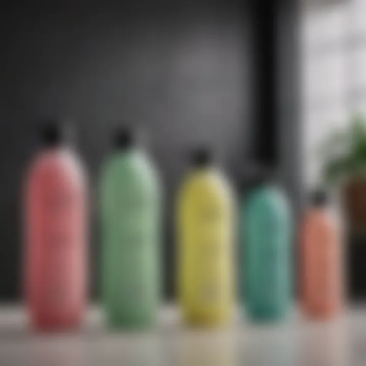 Display of various clarifying shampoo bottles