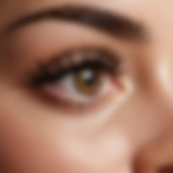 Close-up view of eyelash growth serum bottle next to lush eyelashes