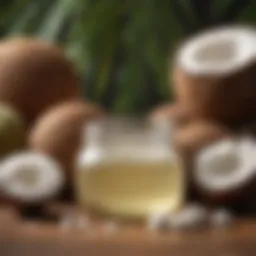 Coconut oil in a glass jar surrounded by fresh coconuts