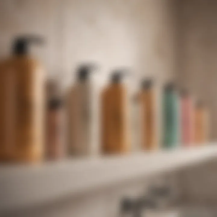An elegant bathroom shelf showcasing a range of toning shampoos.